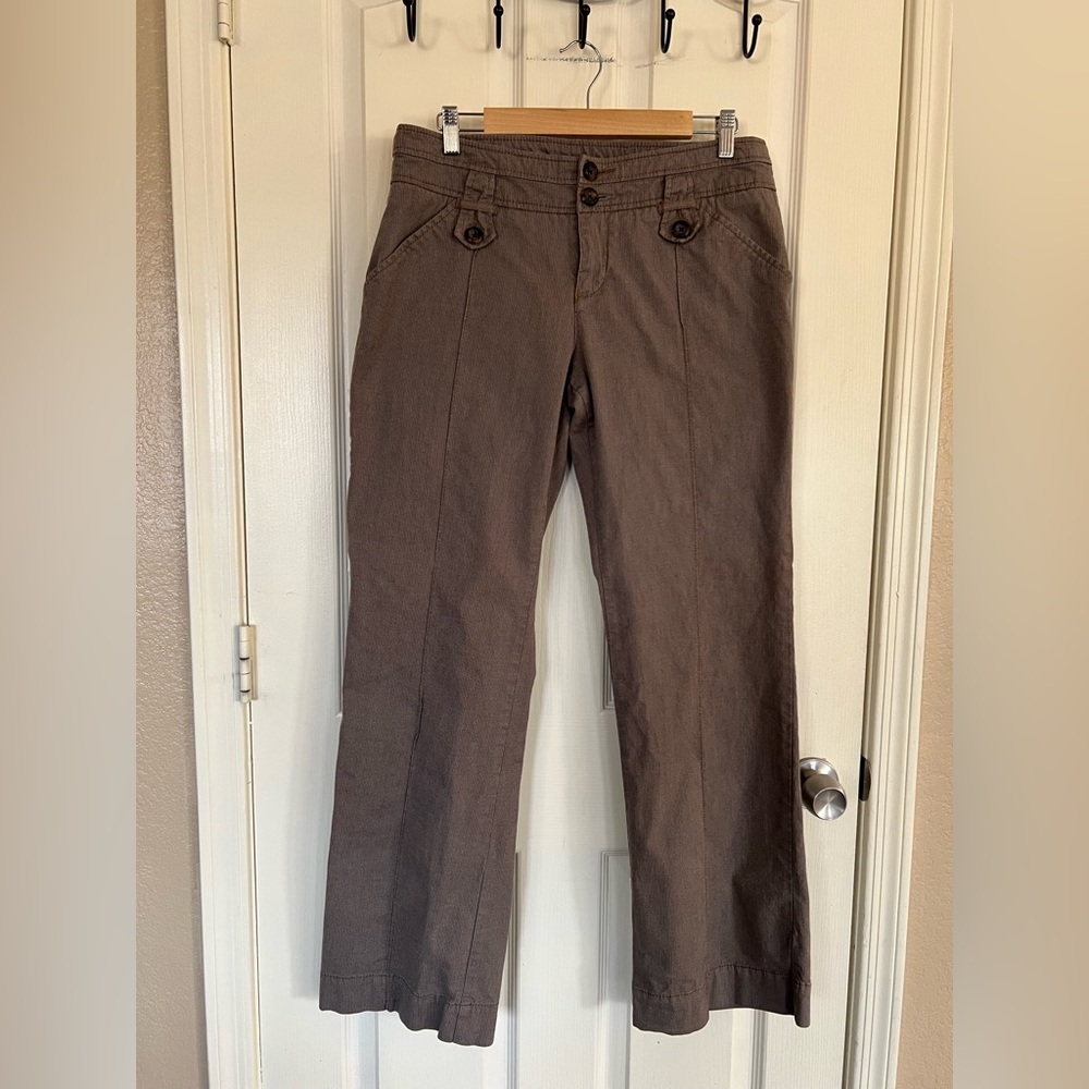 Anthropologie Tua Brown Cotton Blend Wide Leg Trouser Pants Button Detail